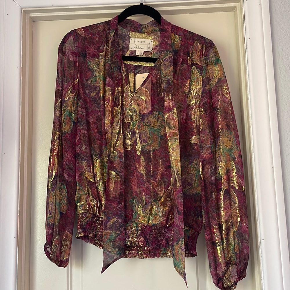 Stunning Nicole Miller sheer metallic blouse with attached scarf